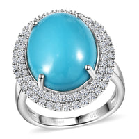 Premium Sleeping Beauty Turquoise, Luxuriant Lab Grown Diamond (G-H, SI) (0.75 cts) Ring in Rhodium Over Sterling Silver (Size 10.0) 10.20 ctw