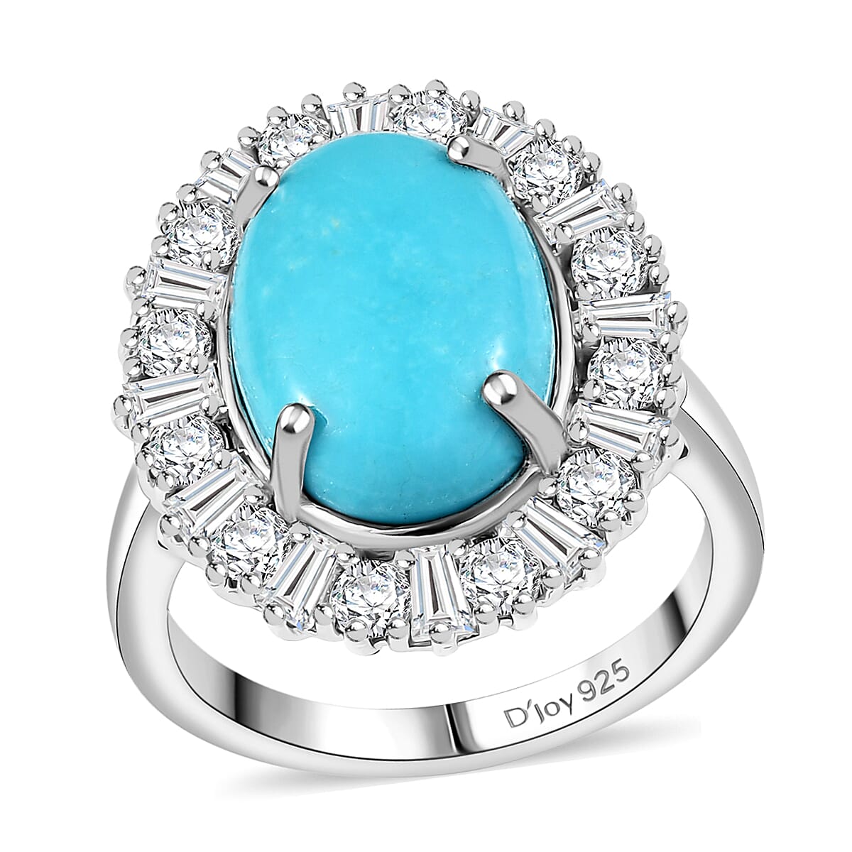 Premium Sleeping Beauty Turquoise, White Zircon Ring in Rhodium Over Sterling Silver (Size 10.0) 7.00 ctw