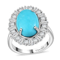 Premium Sleeping Beauty Turquoise, White Zircon Ring in Rhodium Over Sterling Silver (Size 10.0) 7.00 ctw