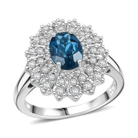 Premium London Blue Topaz, White Zircon Ring in Rhodium Over Sterling Silver (Size 10.0) 2.60 ctw