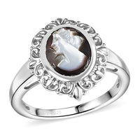 Natural Italian Conch Cameo Ring in Rhodium Over Sterling Silver (Size 10.0) 1.50 ctw