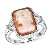 Natural Italian Conch Cameo Ring in Rhodium Over Sterling Silver (Size 10.0) 3.00 ctw