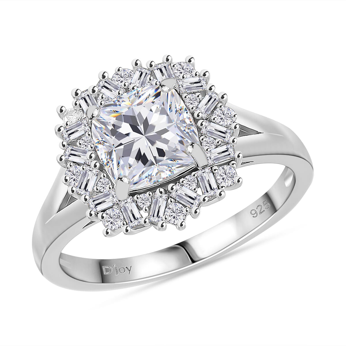 Moissanite (Cush 7x7 mm) Ring in Rhodium Over Sterling Silver (Size 10.0) 1.85 ctw