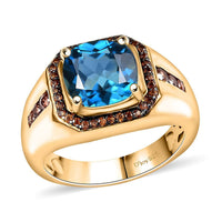 Premium London Blue Topaz and Brown Zircon 6.20 ctw Mens Ring in 18K Vermeil Yellow Gold Over Sterling Silver (Size 10.0)