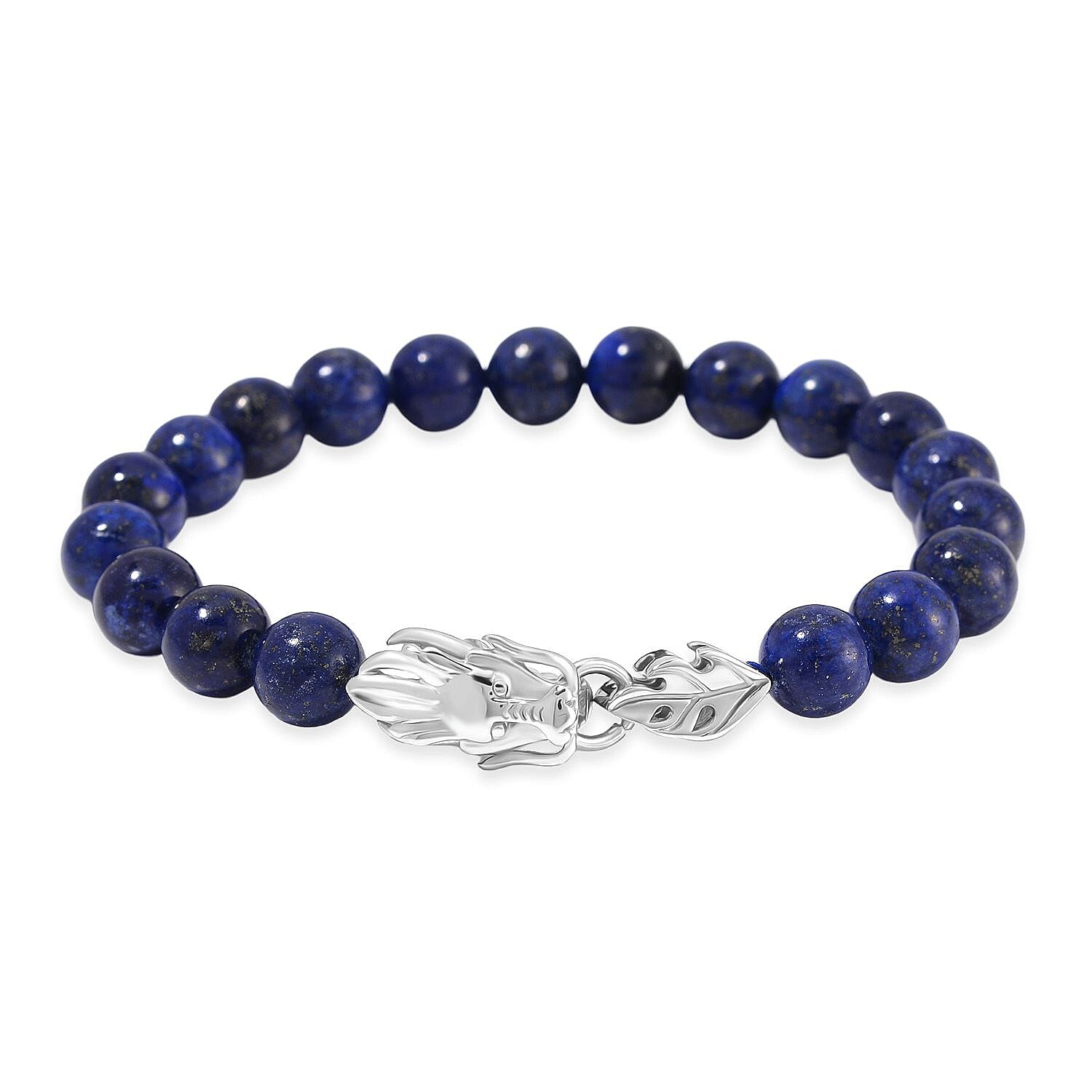 Lapis Lazuli 10mm Beaded Dragon Bracelet in Stainless Steel (7.5-8.0In) 45.00 ctw