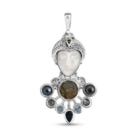 Sajen Silver Mother of Pearl Carved and Multi Gemstone 25.65 ctw Pendant without Chain in Sterling Silver