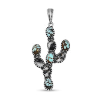 D'Joy Artisan Crafted Blue Moon Turquoise and White Buffalo 5.25 ctw Cactus Pendant without Chain in Black Oxidized Sterling Silver