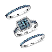 Set of 3 Venice Blue Diamond I1-I2 and Diamond 1.50 ctw Stackable Ring in Platinum Over Sterling Silver (Size 10.0)