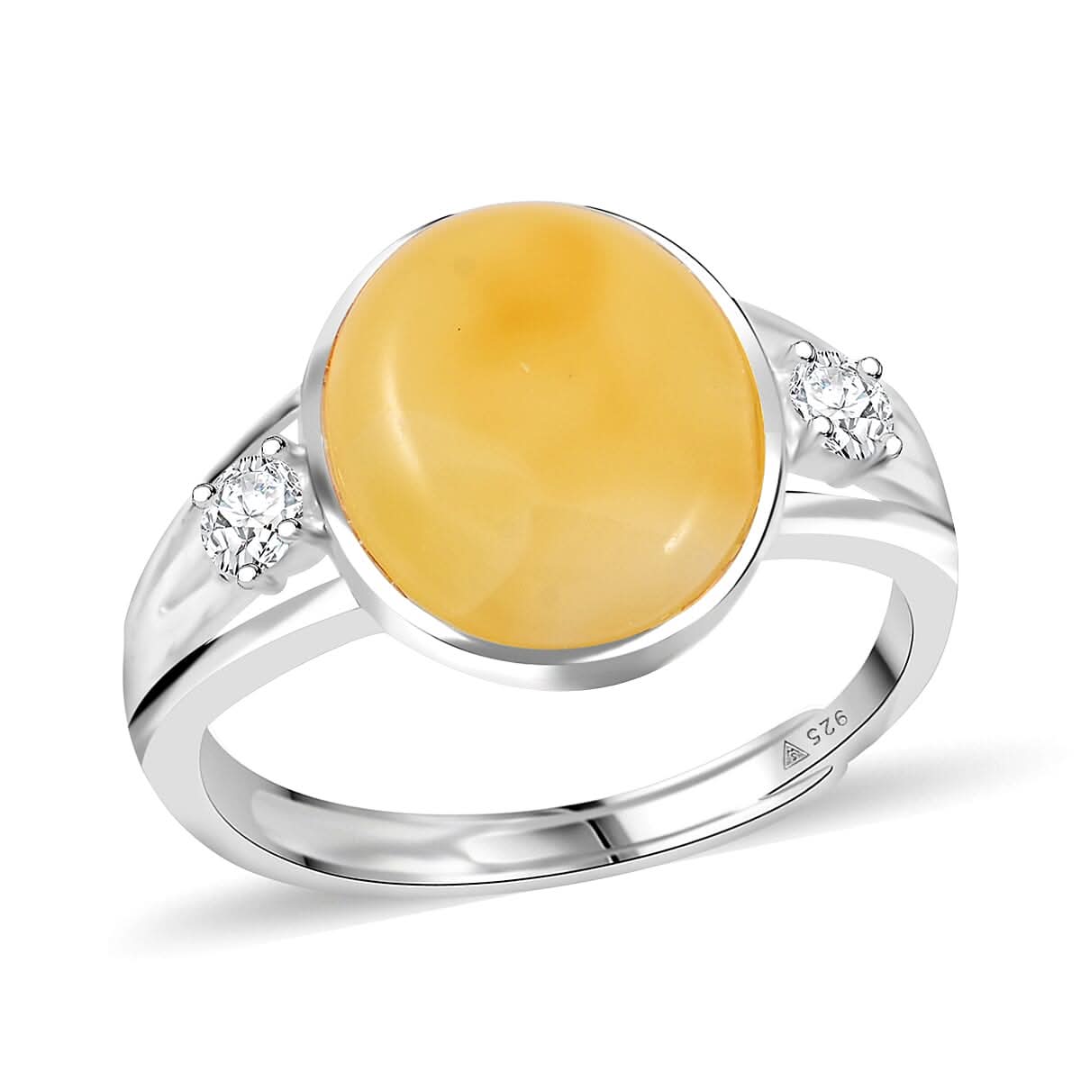 Butterscotch Amber and Crystal Oval Ring in Sterling Silver (Adjustable)