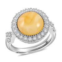 Butterscotch Amber and Crystal Round Ring in Sterling Silver (Adjustable)