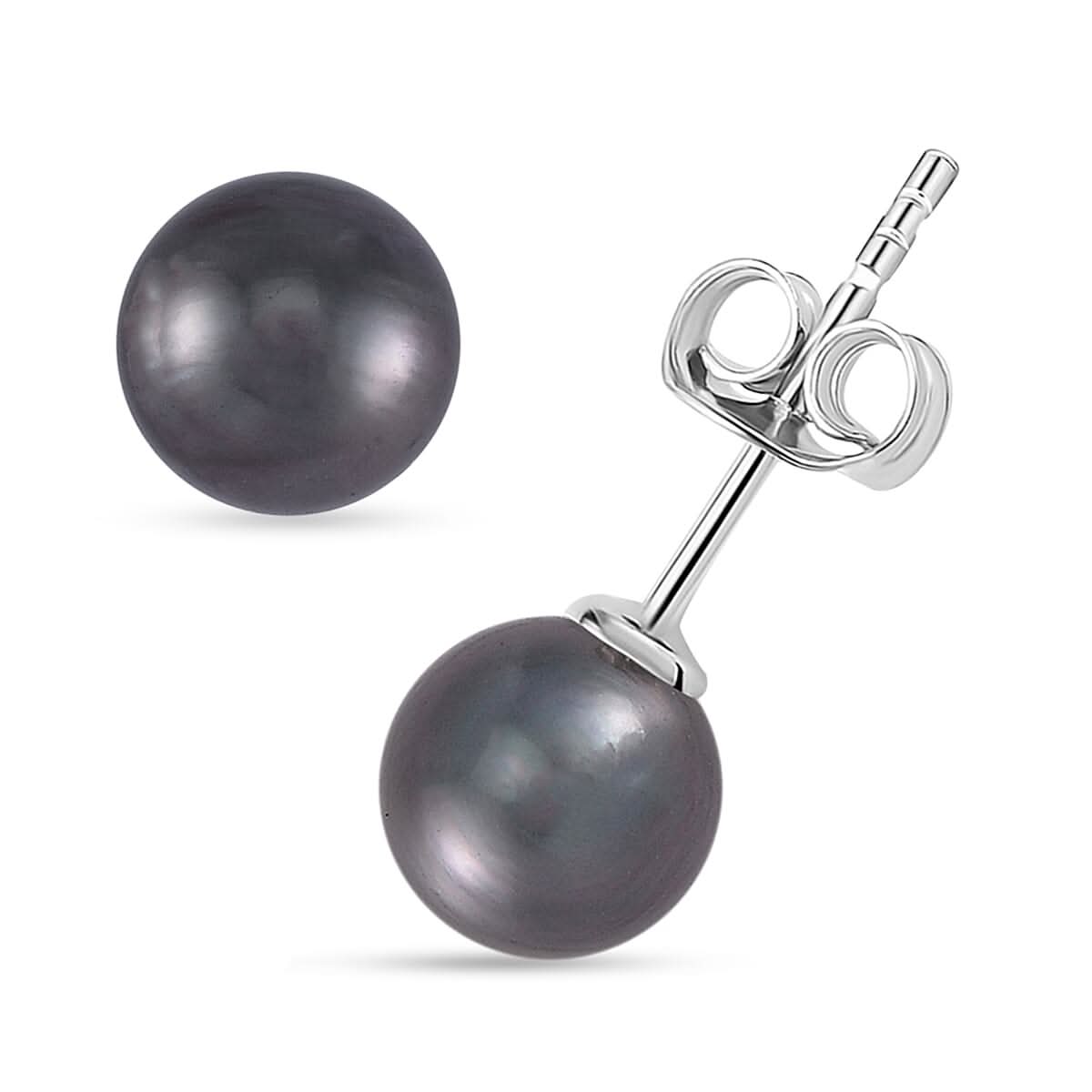 Tahitian Cultured Pearl Solitaire Stud Earrings in Rhodium Over Sterling Silver