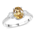 Premium Tanzania Yellow Zircon, Moissanite Art Deco Leaves Ring in Rhodium Over Sterling (Size 10.0) 2.40 ctw - Sticky add to cart bar