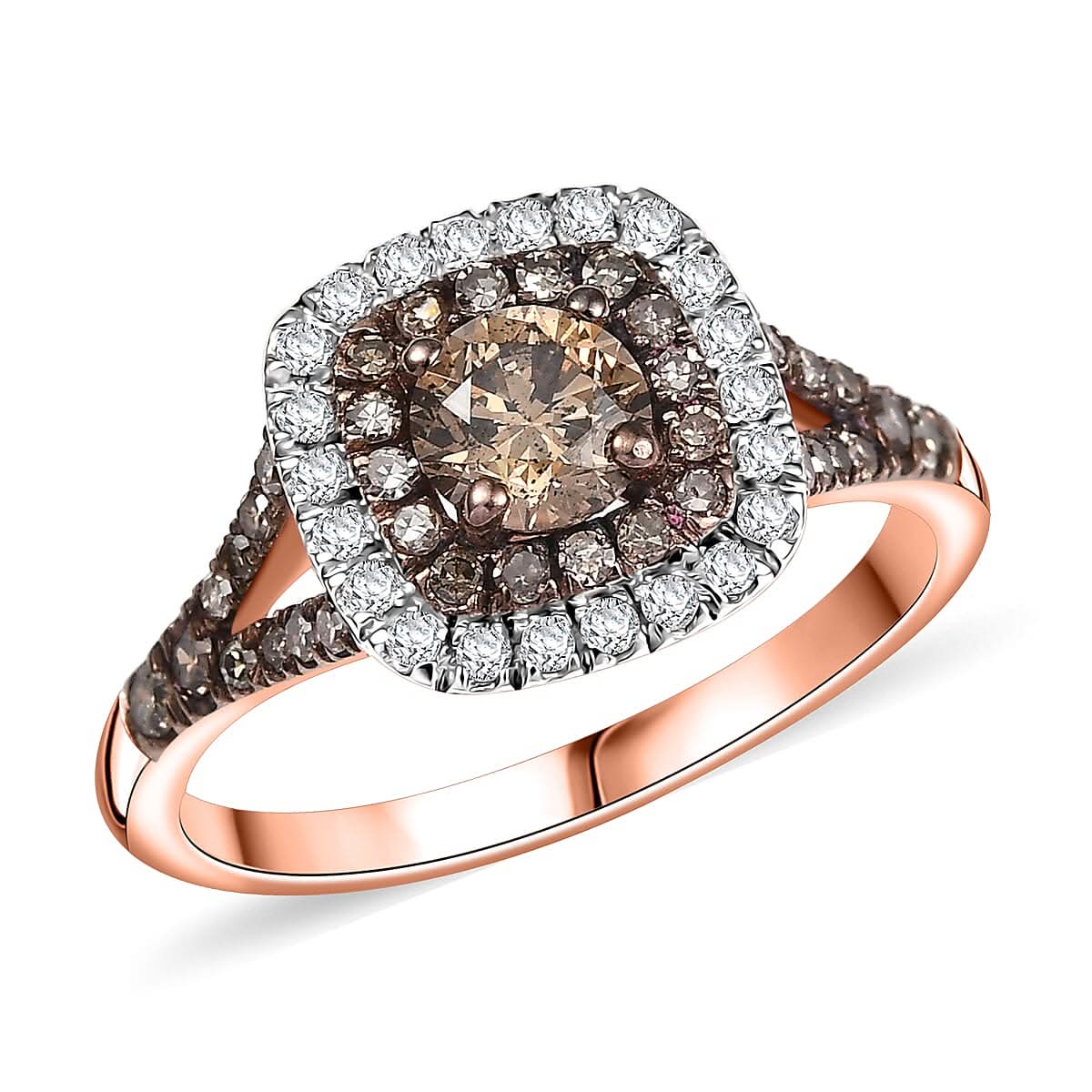 Natural Champagne and White Diamond 1.00 ctw Ring in 18K Vermeil Rose Gold Over Sterling Silver (Size 10.0)