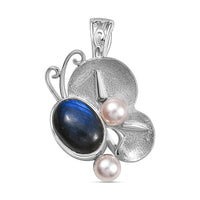 Malagaasy Labradorite and White Pearl 7.10 ctw Pendant without Chain in Rhodium Over Sterling Silver