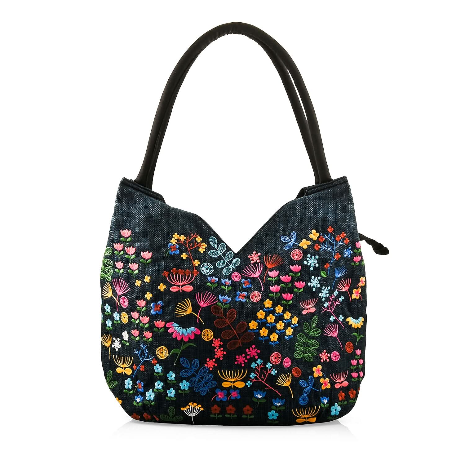 Navy Floral Embroidery 100% Polyester Tote Bag - One Size