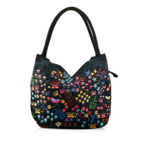 Navy Floral Embroidery 100% Polyester Tote Bag - One Size