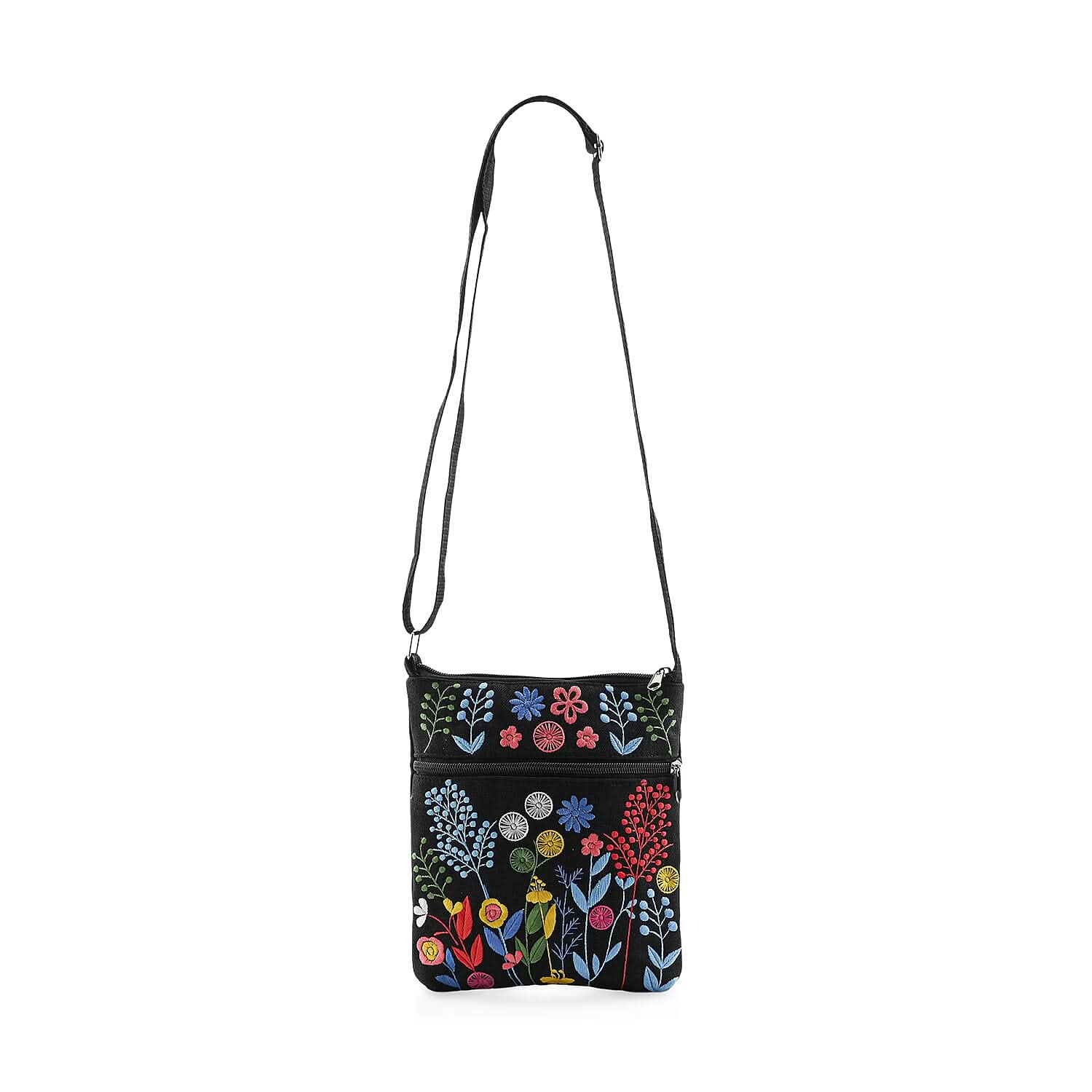 Navy Floral Embroidery Pattern Mini Shoulder Bag with Shoulder Strap
