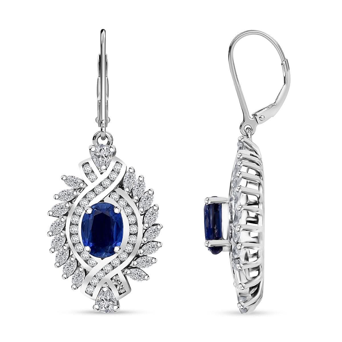 One Time Only Kashmir Kyanite, White Zircon Earrings in Rhodium Over Sterling Silver 6.60 ctw