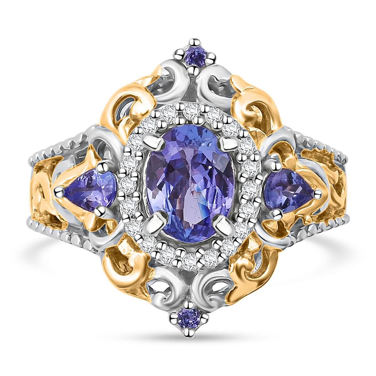 Tanzanite and White Zircon 1.85 ctw Ring in Vermeil YG and Rhodium Over Sterling Silver (Size 8.0)