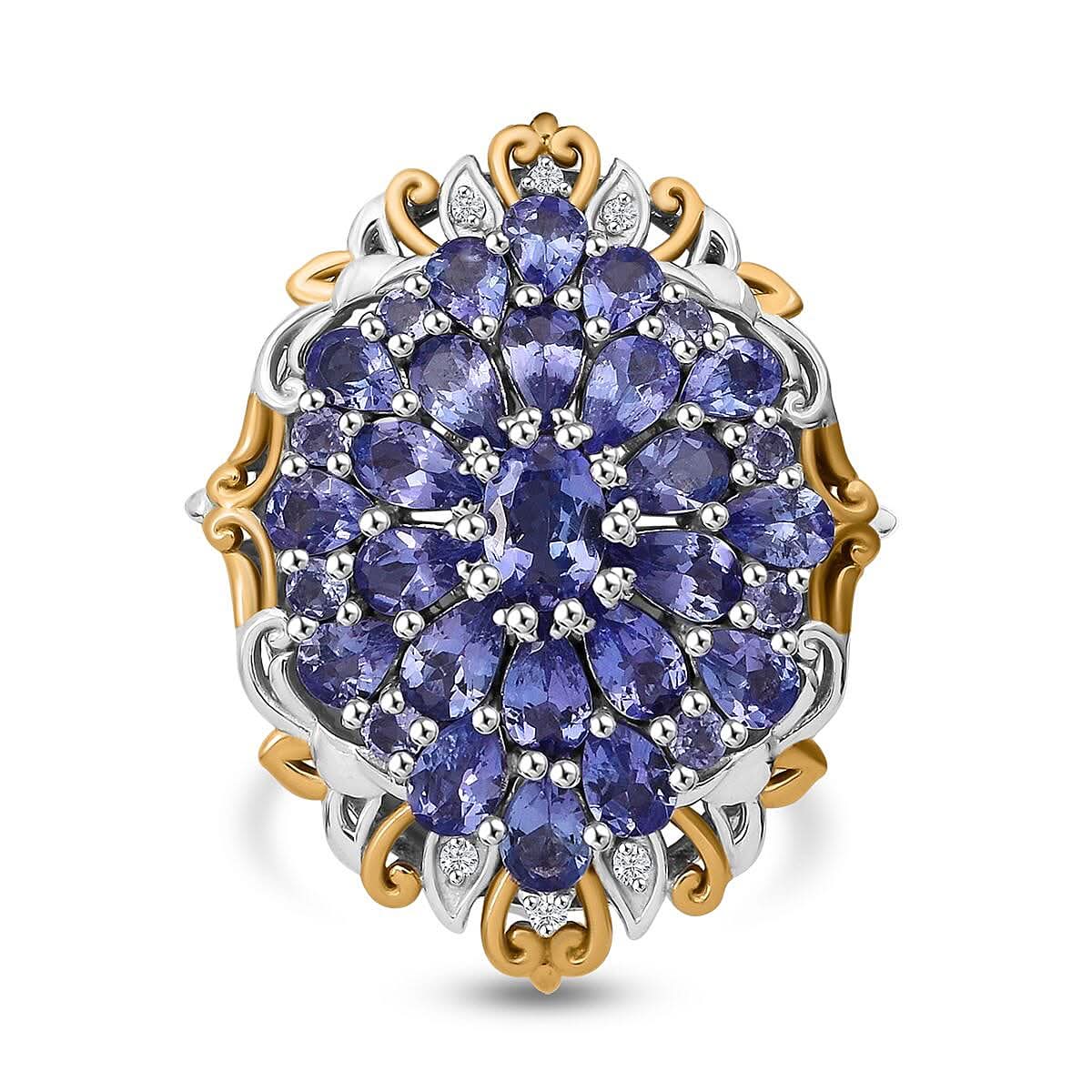 Tanzanite and White Zircon 4.10 ctw Floral Ring in Vermeil YG and Rhodium Over Sterling Silver (Size 8.0)