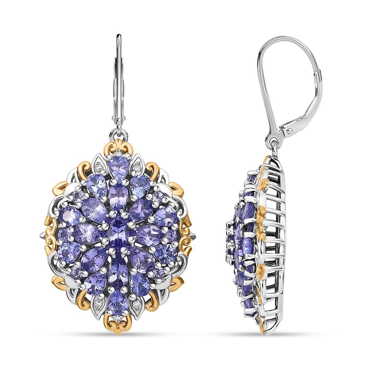 Tanzanite and White Zircon 6.90 ctw Floral Earrings in Vermeil YG and Rhodium Over Sterling Silver