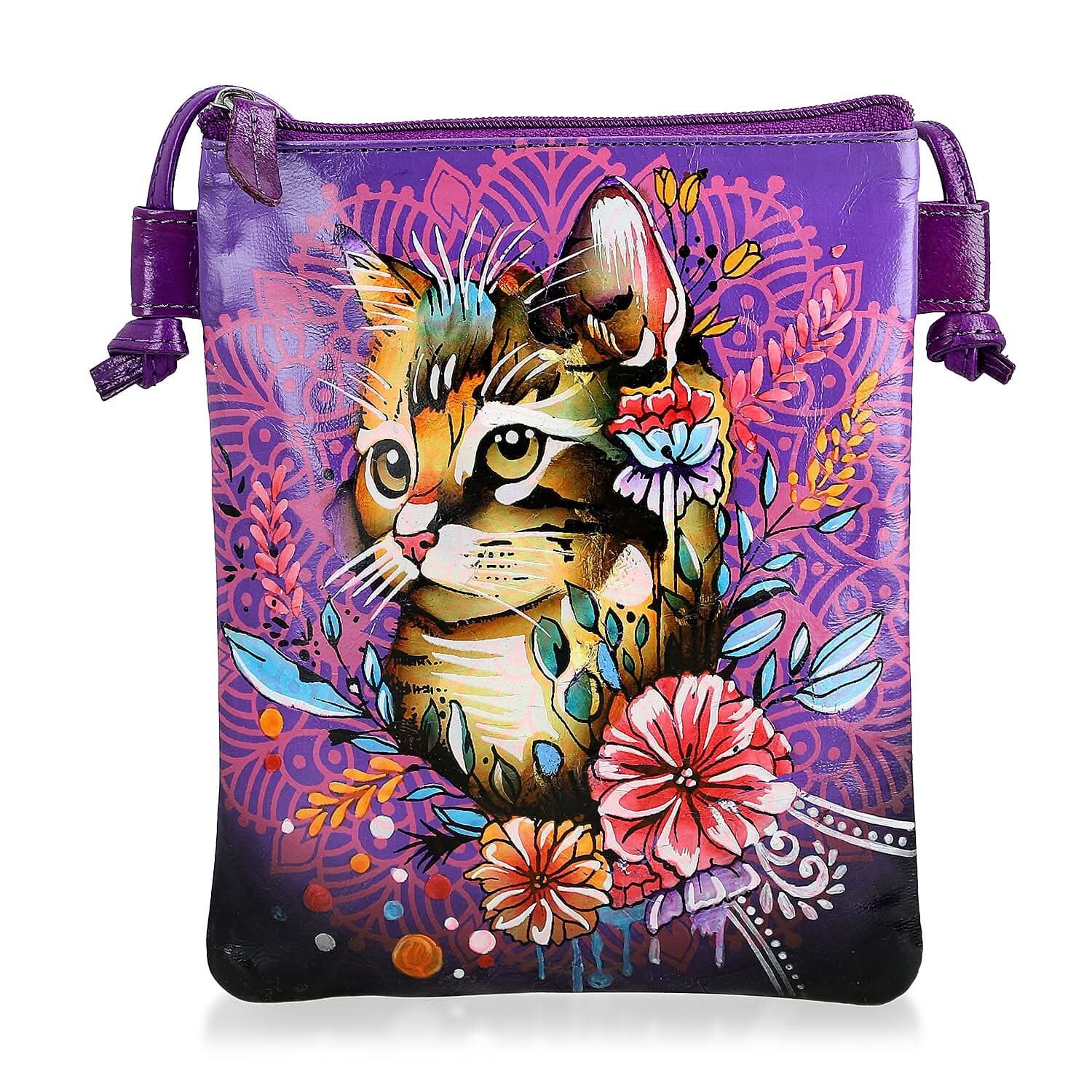 Vivid by Sukriti Blue Cat Pattern Hand Painted Genuine Leather Crossbody Bag