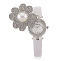 Genoa Austrian Crystal, Simulated Pearl Miyota Japanese Movement Watch in White Leather Strap - Sticky add to cart bar