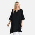 Black Viscose Blouse with Tassel Neck Tie Ruffle Trim - One Size Fits Most - Sticky add to cart bar