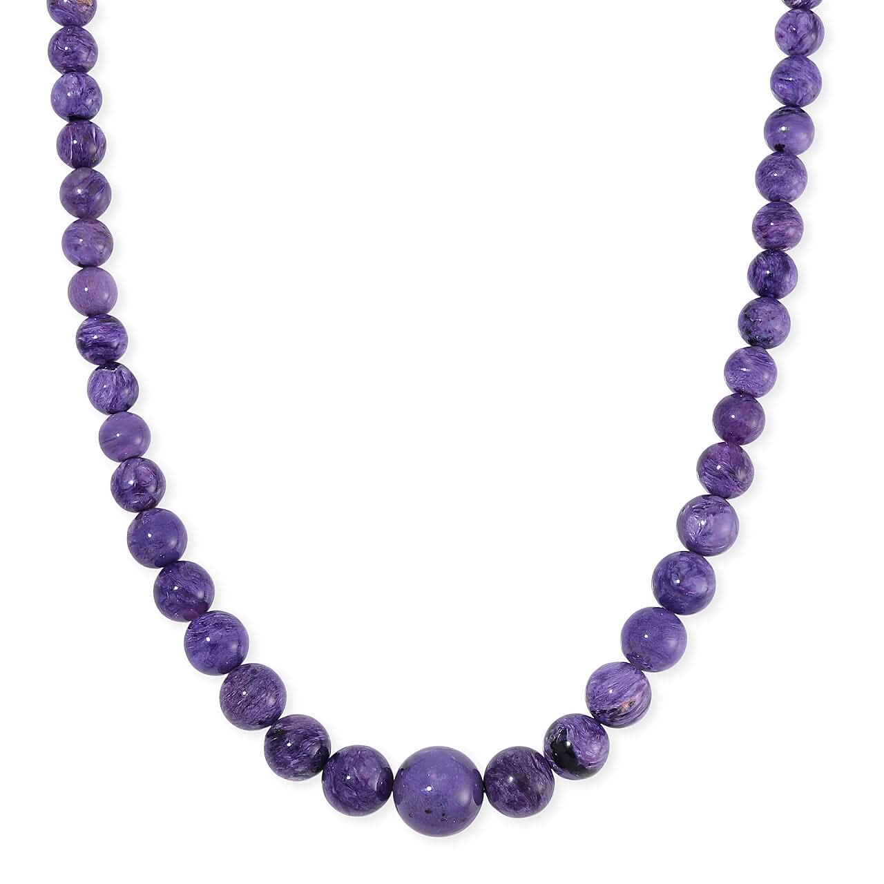 Mozambique Garnet, Charoite Beaded Necklace (20 Inches) in Rhodium Over Sterling Silver 550.05 ctw