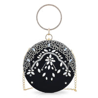 Black Hand Embroidery Round Shaped Beads Studded Velvet Clutch with Ring Handle and Sling Chain