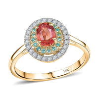 Certified & Appraised Luxoro 14K Yellow Gold AAAA Padparadscha Sapphire, Paraiba Tourmaline and Diamond (G-H, I2) (0.22 cts) Ring (Size 6.0) 1.60 ctw