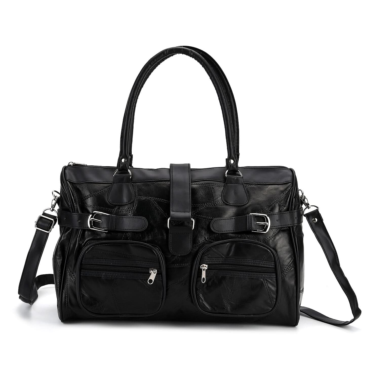 Black Patchwork Sheep Leather Crossbody Bag (15.75"x6.5"x10.04") with Shoulder Strap
