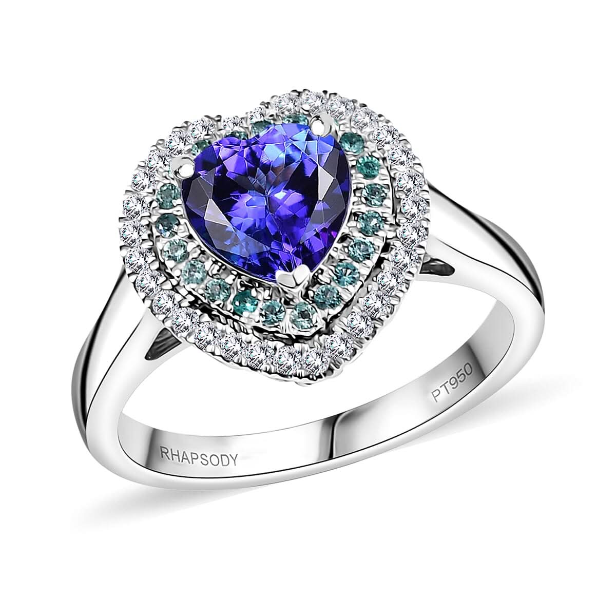 Certified & Appraised Rhapsody AAAA Tanzanite, Paraiba Tourmaline and E-F VS2 Diamond 2.20 ctw Heart Ring in 950 Platinum (Size 10.0) 8.80 Grams (Del. in 10-12 Days)