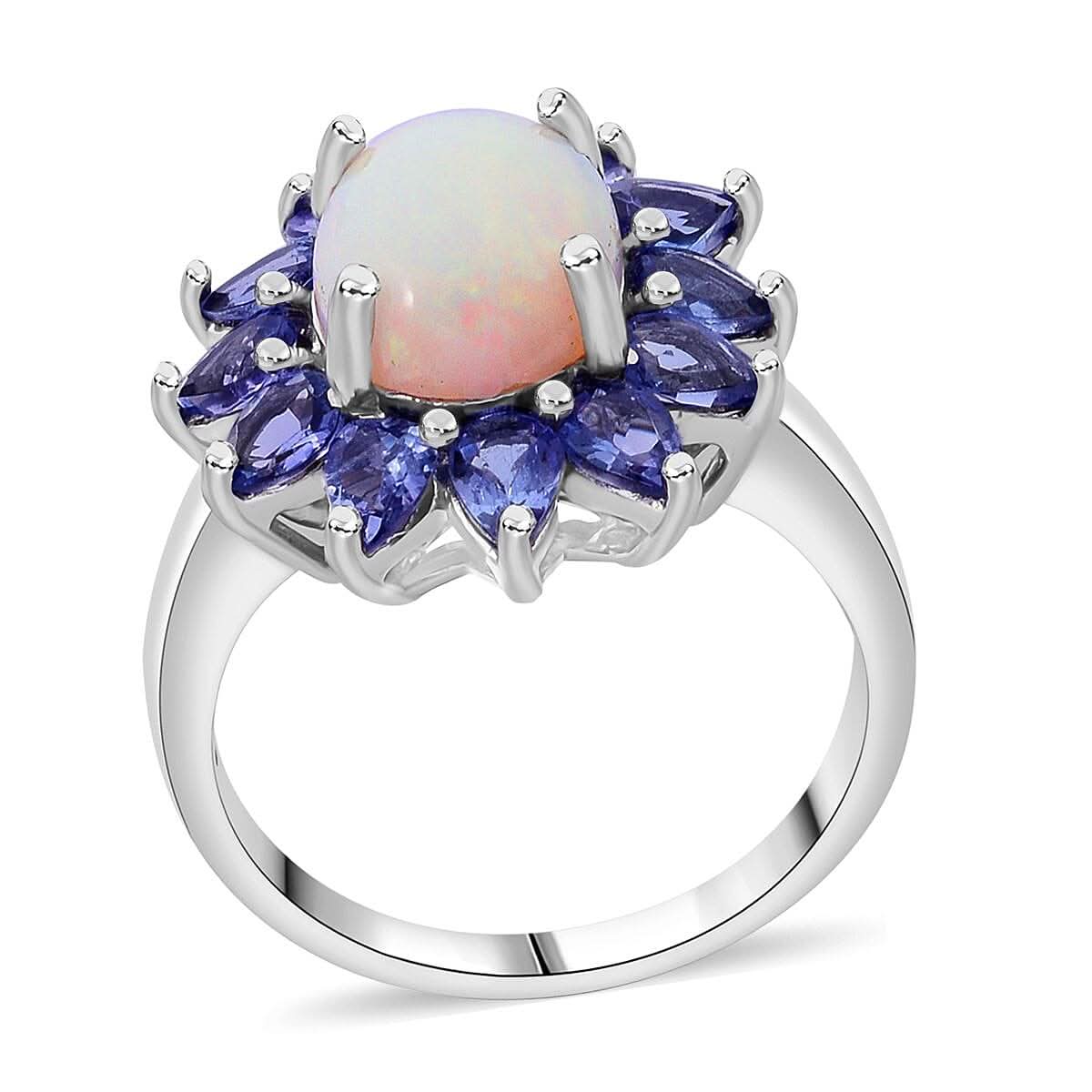Premium Ethiopian Welo Opal and Tanzanite 3.20 ctw Floral Ring in Rhodium Over Sterling Silver (Size 10.0)