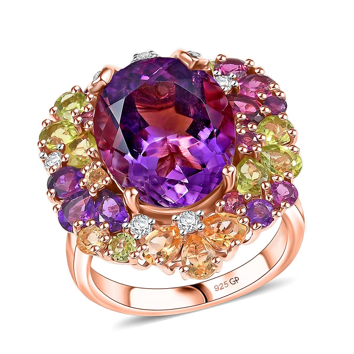 GP Rose De France Amethyst, Multi Gemstones 12.90 ctw Ring in 18K Vermeil Rose Gold Over Sterling Silver (Size 10.0)