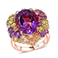 GP Rose De France Amethyst, Multi Gemstones 12.90 ctw Ring in 18K Vermeil Rose Gold Over Sterling Silver (Size 10.0)