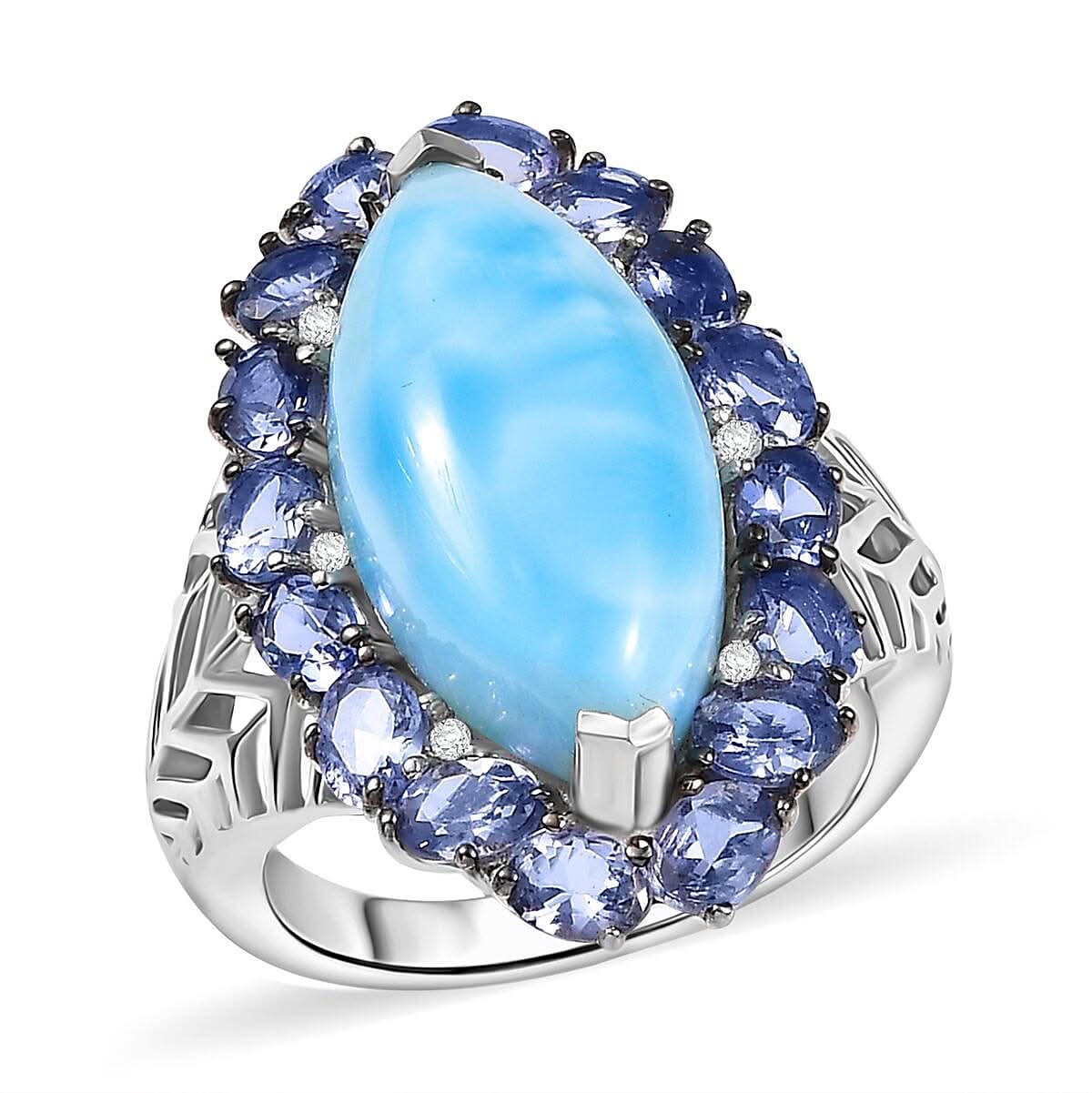 GP Premium Larimar and Multi Gemstone 12.30 ctw Ring in Rhodium Over Sterling Silver (Size 10.0)