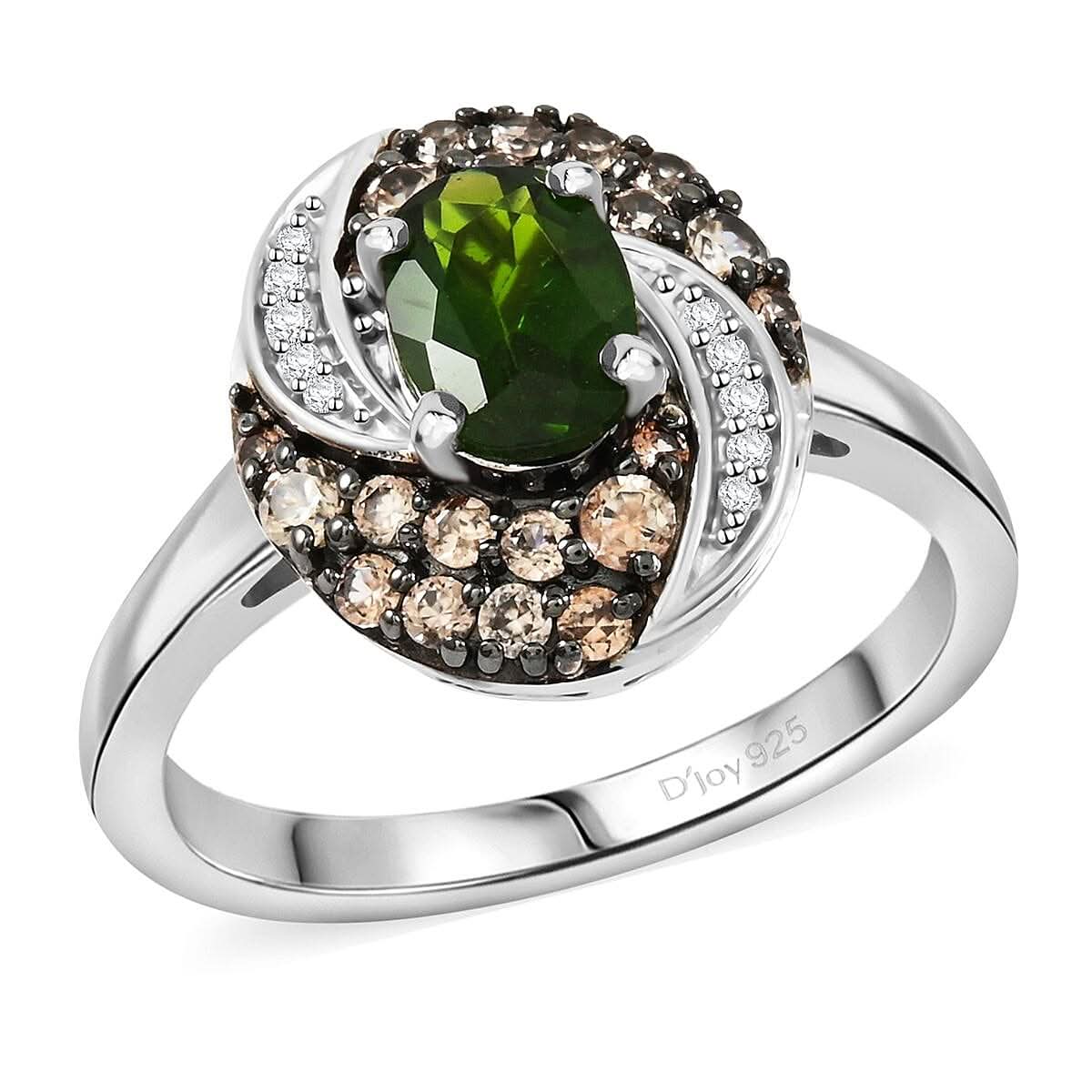 Chrome Diopside, Brown and White Zircon 1.50 ctw Ring in Rhodium Over Sterling Silver (Size 10.0)