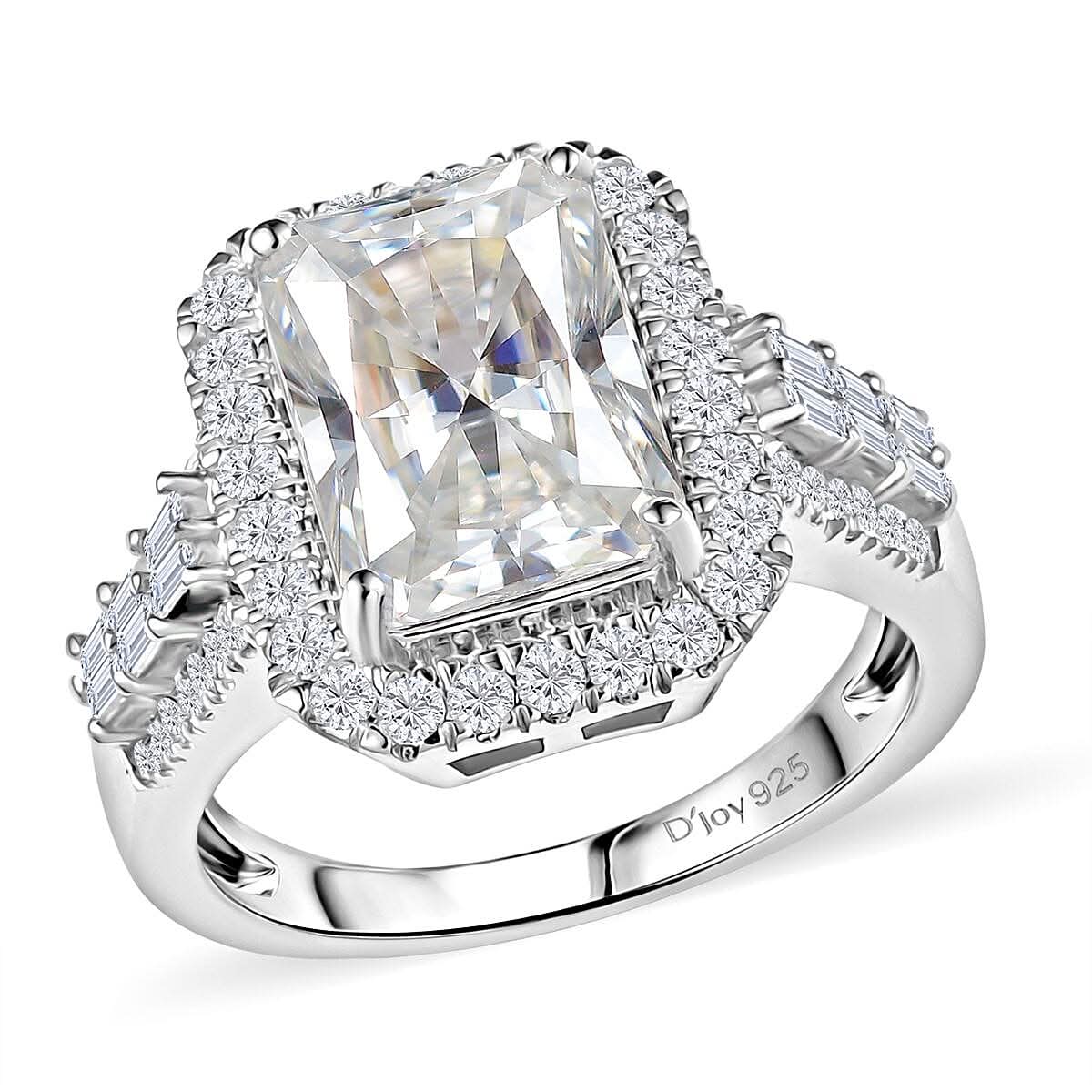 Radiant Cut Moissanite (Oct 11x8mm) Ring in Rhodium Over Sterling Silver (Size 10.0) 4.90 ctw