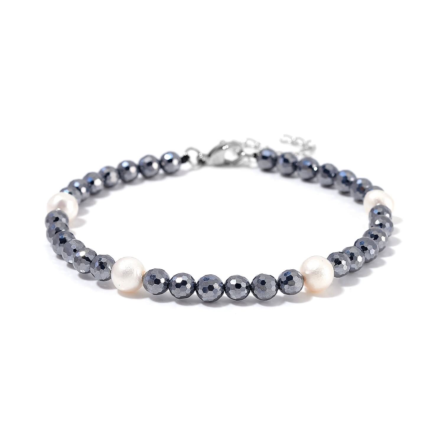 Freshwater Pearl and Terahertz 30.00 ctw Anklet in Stainless Steel (9.5-11.5In)