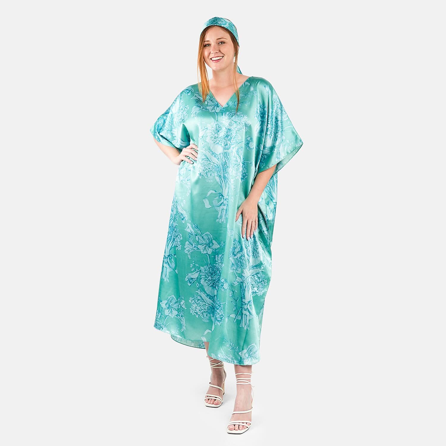 Winlar Mint Floral Long Satin Kaftan - One Size Fits Most