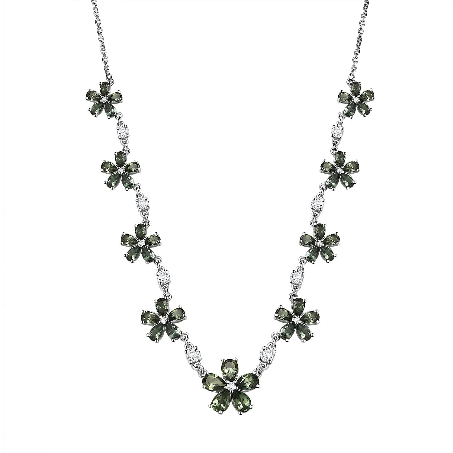 D'Joy Premium Malagasy Pine Apatite and White Zircon 11.35 ctw Floral Canopy Necklace in Rhodium Over Sterling Silver 18 Inches