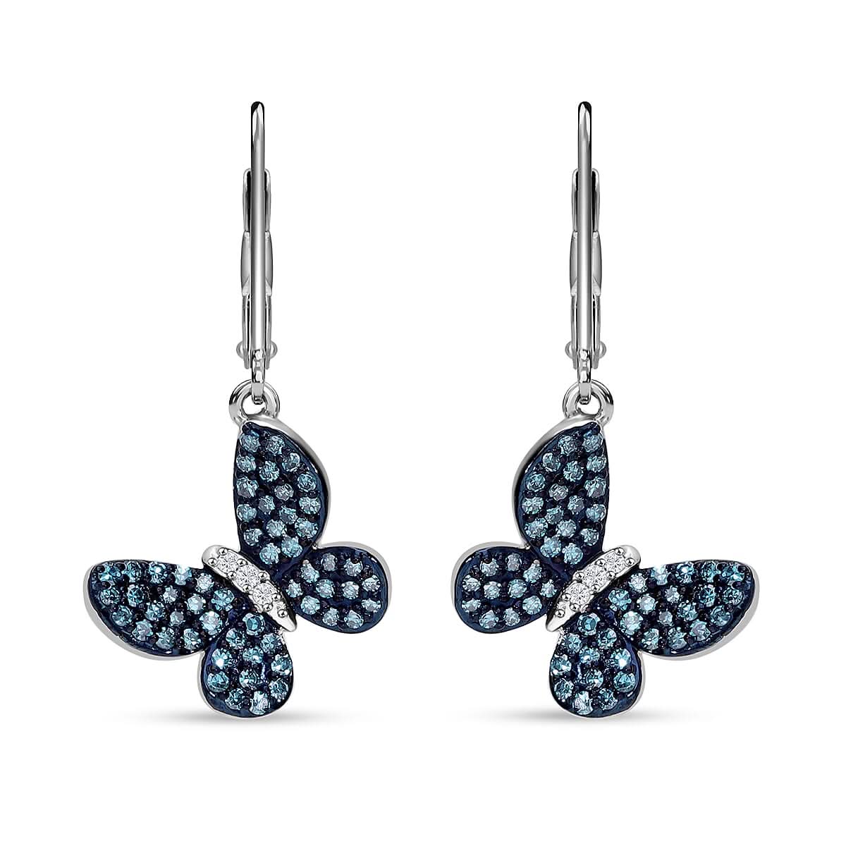 Venice Blue Diamond I1-I2 and Diamond 0.50 ctw Butterfly Earrings in Rhodium Over Sterling Silver