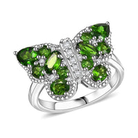 Chrome Diopside and White Zircon 2.25 ctw Butterfly Ring in Rhodium Over Sterling Silver