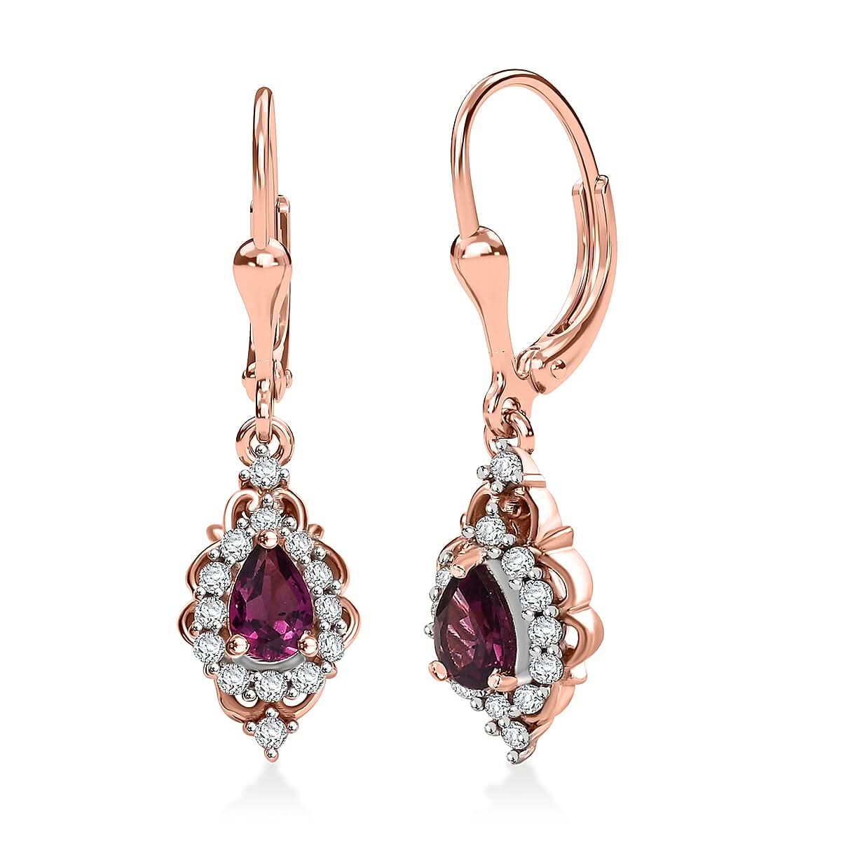 D'Joy AAA Radiant Ember Garnet and White Zircon 1.50 ctw Majestic Teardrop Earrings in 18K Vermeil Rose Gold Over Sterling Silver