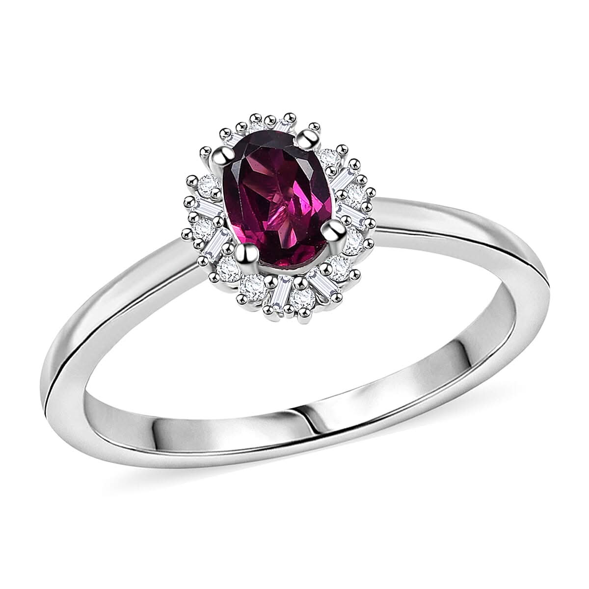 AAA Radiant Ember Garnet and White Diamond 0.65 ctw Ring in Rhodium Over Sterling Silver (Size 10.0)