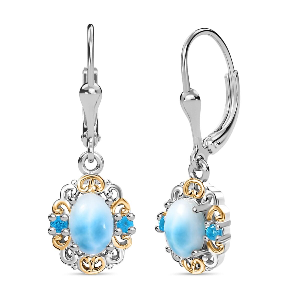 D'Joy Premium Larimar and Malgache Neon Apatite 2.15 ctw Filigree Earrings in 18K Vermeil YG and Rhodium Over Sterling Silver