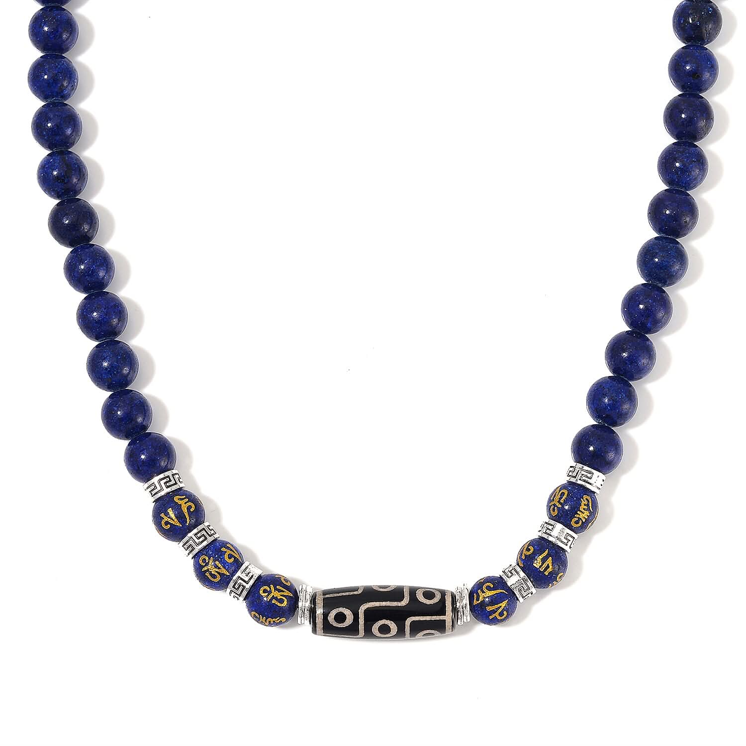 Nine Eyed Agate Dzi Beads and Lapis Lazuli 305 ctw Necklace 18-20 Inches in Silvertone