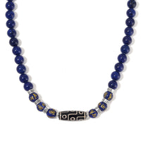 Nine Eyed Agate Dzi Beads and Lapis Lazuli 305 ctw Necklace 18-20 Inches in Silvertone