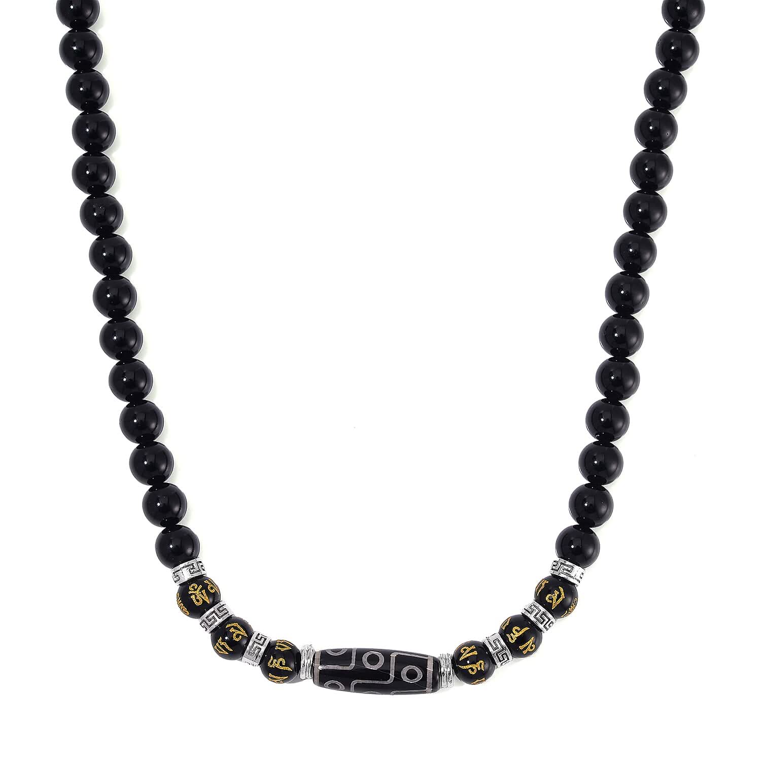Nine Eyed Agate Dzi Beads and Black Obsidian 305 ctw Necklace 18-20 Inches in Silvertone